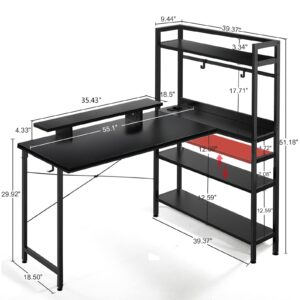 COMHOMA Gaming L Shaped Computer Desk, 55" Home Office Desk with Shelves, L Shape Computer Corner Desk with Charging Port, Gaming Table Power Outlet Build in, LED Writing Desk with Monitor Stand Black