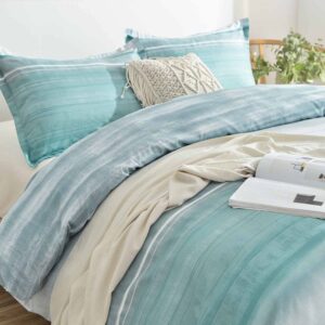 ETDIFFE Teal Duvet Cover King Size, 3pc Modern Grey and Blue Gradient Striped Microfiber Comforter Cover Set, Farmhouse Soft and Lightweight Abstract Ombre Pattern Quilt Cover (90x104) for Women Teen