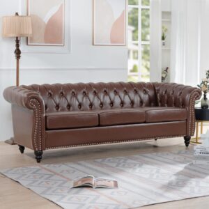 Yuxuanhang 84" Chesterfield Couch PU Leather, Modern Rolled Arm Tufted Back 3 Seater Sofa, Upholstery Nailhead Trim Couches for Living Room Office (Dark Brown)