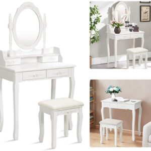 Alohappy Makeup Vanity Set with Mirror & Stool for Girls, Vanity Table and Cushioned Stool Set with 4 Drawers, Wood Dressing Table for Bedroom