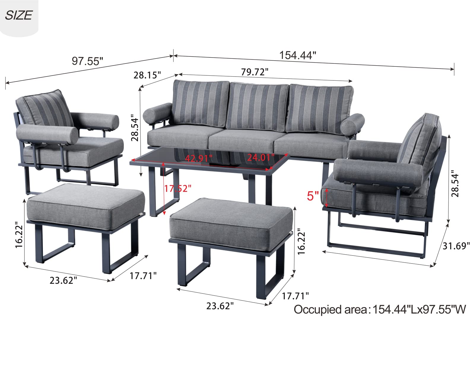 ovios Patio Furniture Set 6 Pieces Outdoor Aluminum Sofa Couch with Coffee Table Ottomans Cushions High Back Sofa All Weather Conversation Set, Black-Grey Stripe