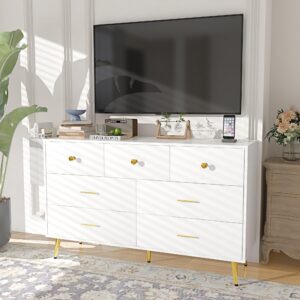 Fushimuma White Dresser for Bedroom, 7 Drawer Dresser with Charging Station, Wood Chest of Drawers with Gold Handles, Modern Dressers & Chests of Drawers for Living Room, Hallway