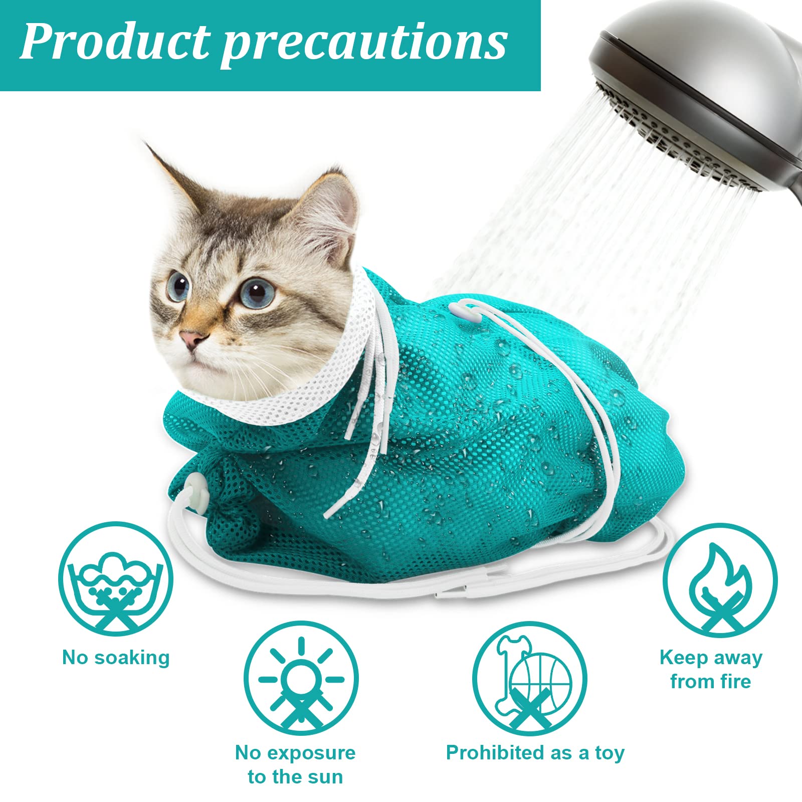 Catcan Cat Bathing Bag, Breathable Mesh Cat Shower Bag Anti Scratch Adjustable Cat Grooming Bag for Nail Trimming, Bathing Polyester Soft Cat Washing Bag (White-Green)