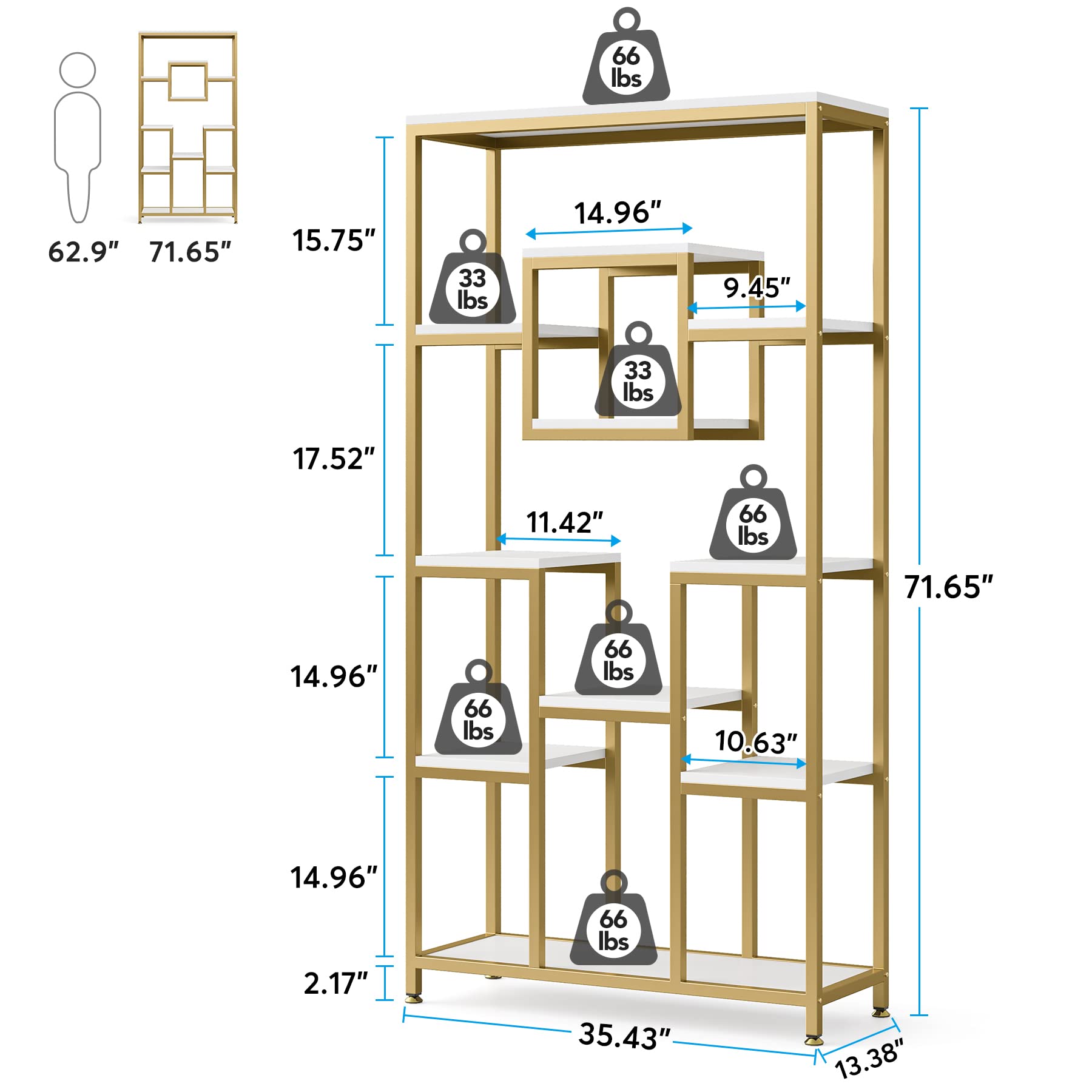 Tribesigns Bookcases and Bookshelves, 71” Tall Bookshelf with Metal Frame, Freestanding Geometric Bookcase with Open Display Shelf for Living Room, Bedroom, Home Office, White and Gold