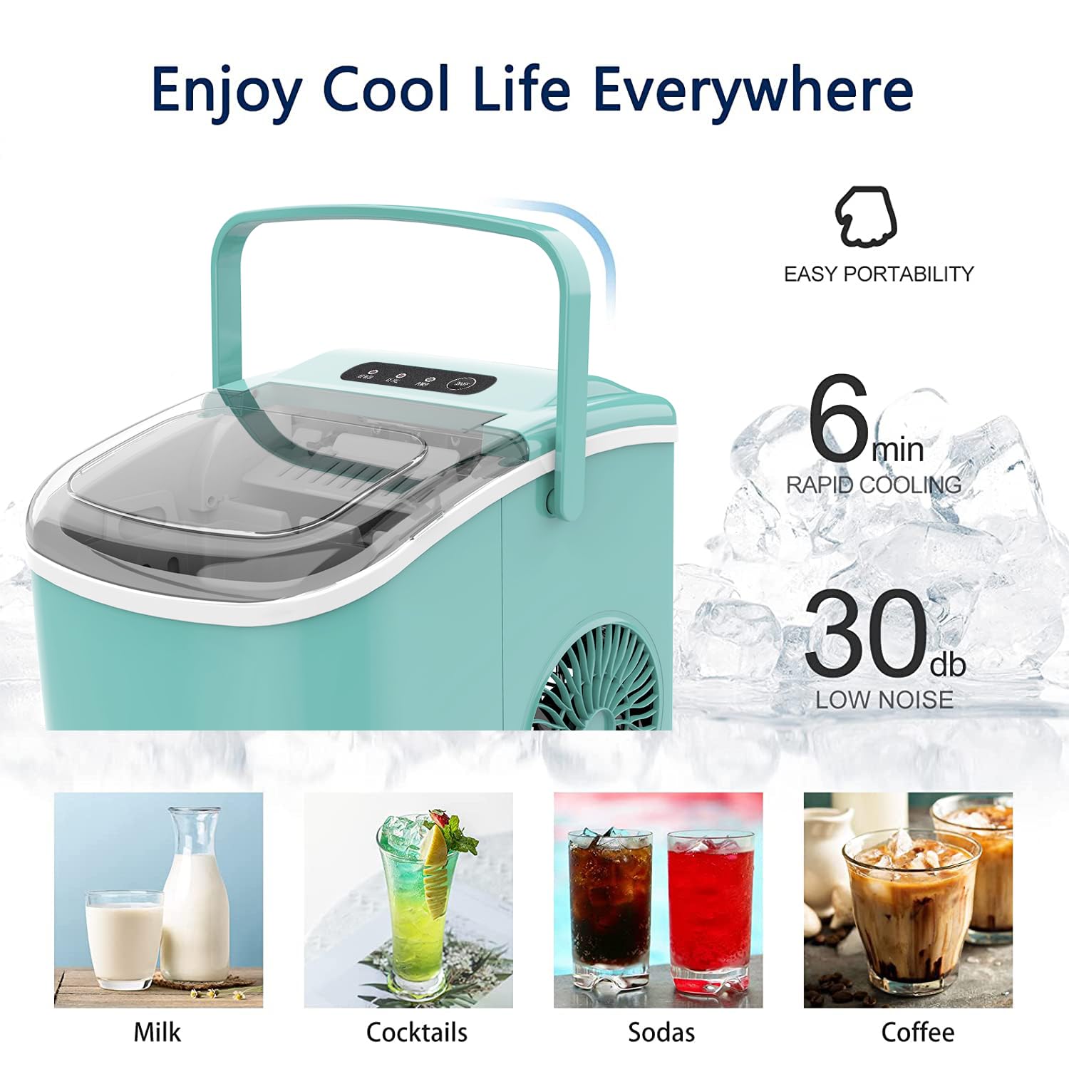 Joy Pebble Bullet Ice Maker Machine Countertop, 26 lbs in 24 Hours, Bullet Ice 9 Cubes Ready in 6 Mins, Self-Cleaning, Portable Ice Maker with Ice Scoop and Basket,Green