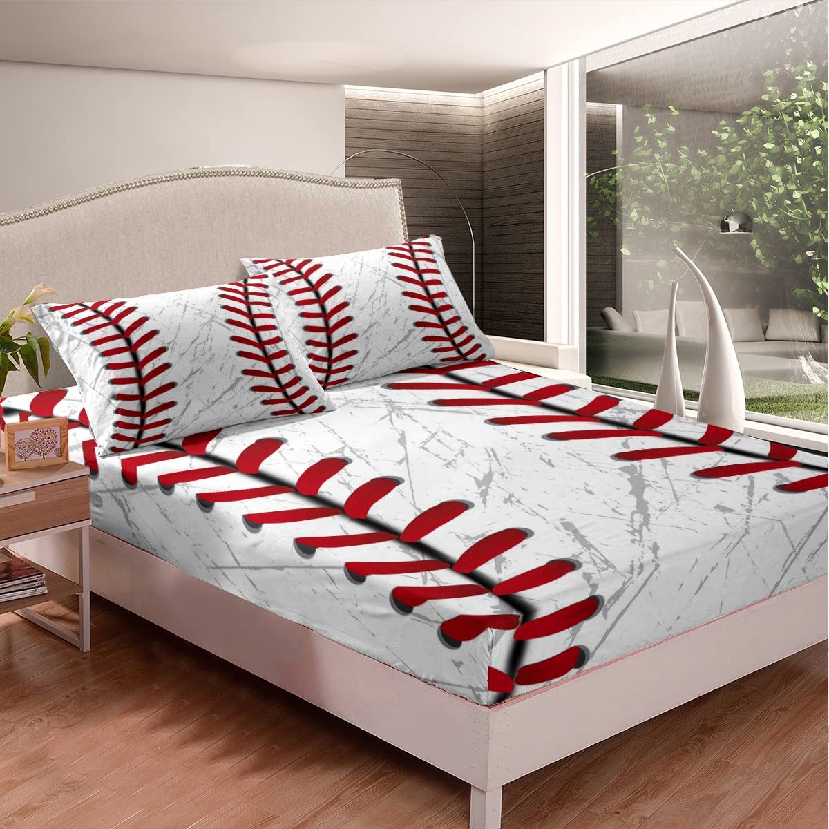 Erosebridal Baseball Bed Sheets for Boys,Red White Baseball Sheet Set for Kids,Grunge Ball Print Bedding Set,Sports Game Fitted Sheet + Top Sheet Soft + 2 Pillowcases Wrinkle Free,Full Size