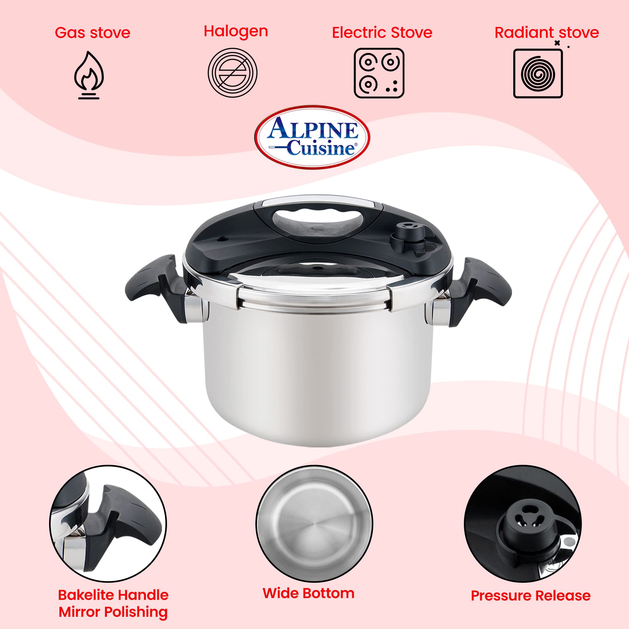 Alpine Cuisine Stainless Steel Pressure Cooker, for All Cooktops, Stove Top Pressure Cooker Used for Pressure Foodie or Steaming, Compatible with Gas & Induction Cooker, Dishwasher Safe (7 Liters)