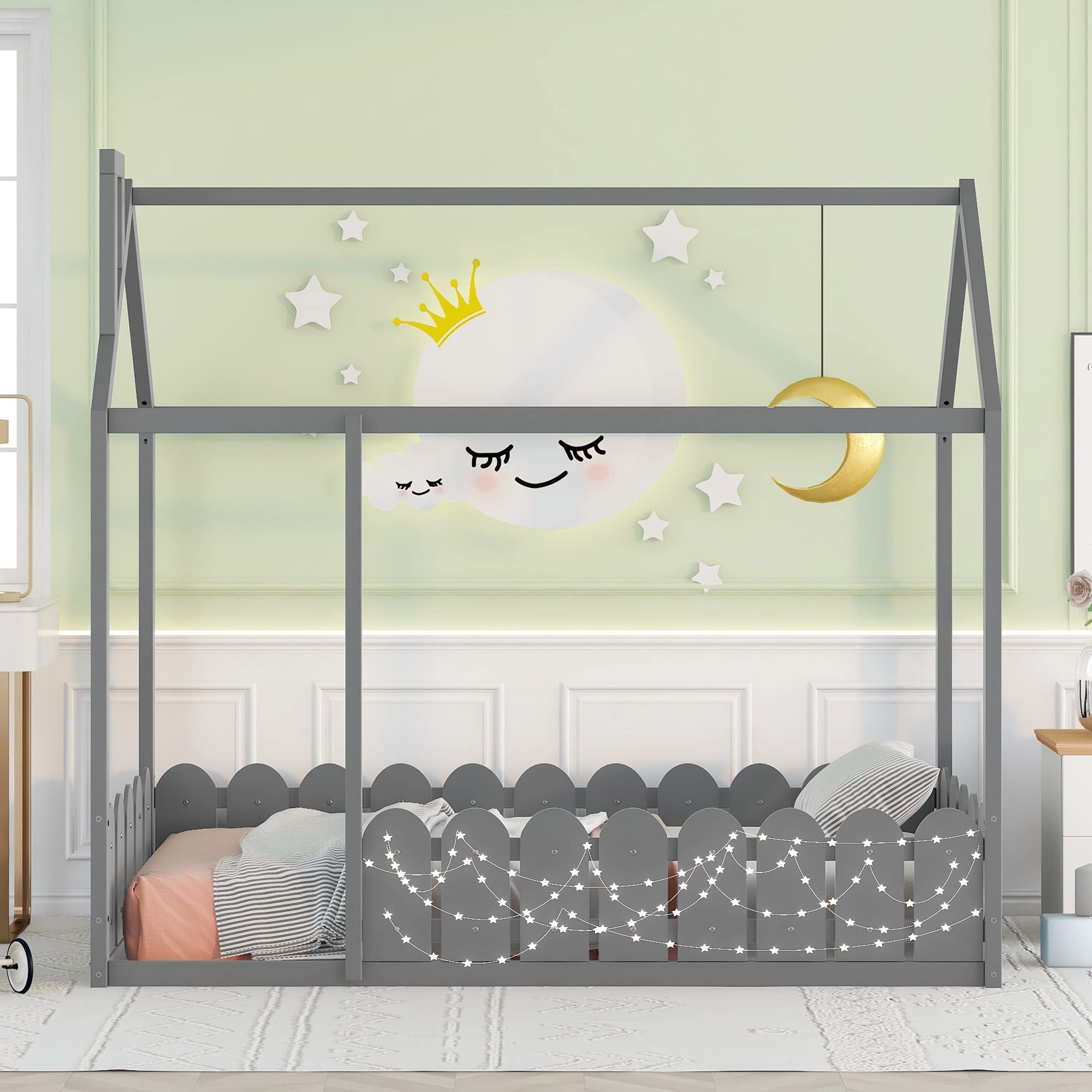 Harper & Bright Designs Twin House Bed Frame for Kids, Wood Twin Montessori Bed with Fence-Shaped Guardrails, Toddler Floor Bed Frames for Girls, Boys,Grey