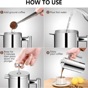 Meelio Small French Press Coffee Maker 600ml, Double-Wall Insulated French Press Coffee Press Stainless Steel for travel camping, Included 2 Extra Fliters and 1 Coffee Spoon (2-4cup, 20 OZ)