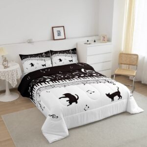 Homewish Piano Comforter Set Queen Size Black Musical Notes Bedding Set 3pcs for Kids Teens Girls Music Lover Room Decor Cat Pet Silhouette Quilt Set White Microfiber Duvet Insert,2 Pillowcases