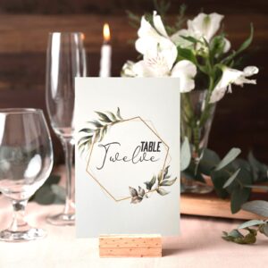 Table Numbers 1-25 with Table Head (4x6 inches) , Wedding Table Numbers , Table Numbers for Wedding Reception , Geometry Golden Frames & Watercolor Drawn Branches of Green Leaves & Succulent Design