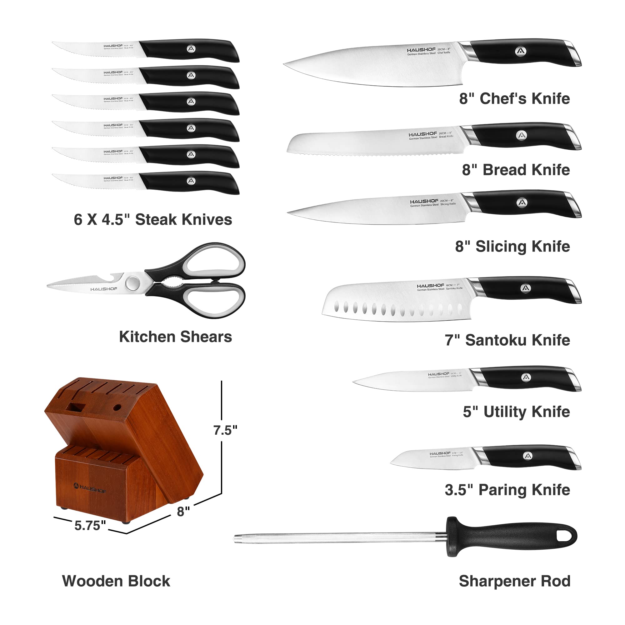 HAUSHOF Kitchen Knife Set with Block, 15 Pieces Stainless Steel Knife Sets with Sharpener Rod, Ultra Sharp, Ergonomic Handle, Resists Rusting, Gifts Knife Set for Dad, Mom, Husband and Wife