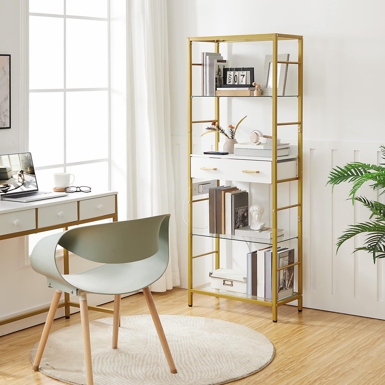 HOOBRO 5 Tier Bookcase with Charging Station, White and Gold Bookshelf with Drawer, Storage Shelves, Tempered Glass Bookshelf with Metal Frame, Open Display Shelves for Living Room, Gold DW65USJ01