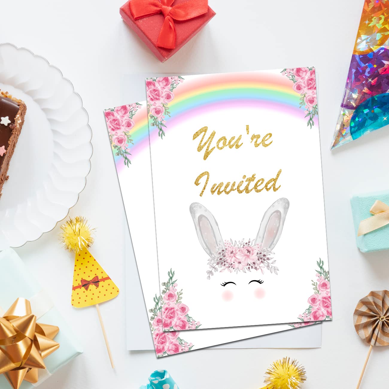 Rainbow Bunny Birthday Party Invitations with Envelopes Set of 20 Floral Some Bunny Birthday Party Invites Fill in Blank