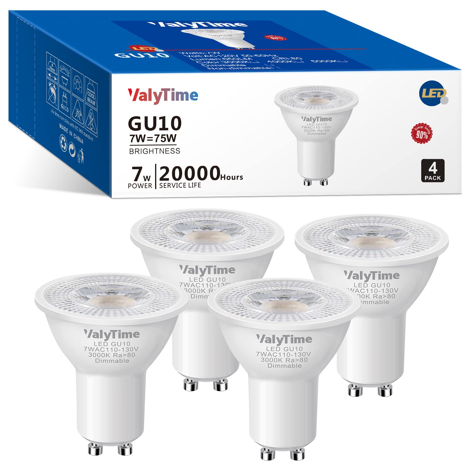 Valytime Dimmable GU10 LED Bulbs 7W Warm While 3000K(50W -60W-75W Equivalent) GU10 Light Bulbs Gu10 Shape Halogen Replacement Bulb 38°120V 650Lm for Track Spot Lighting Indoor Recessed,4 Pack