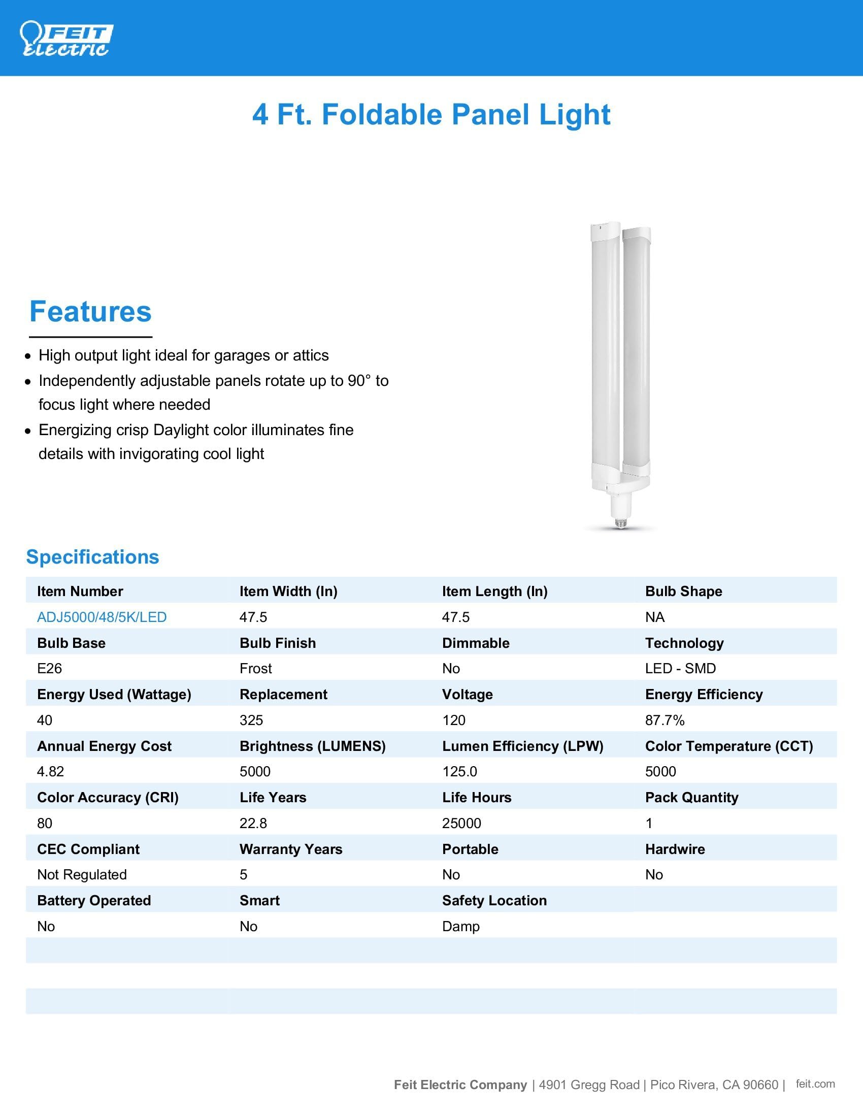 Feit Electric LED Light Panel, 4 Ft. Foldable, 40 Watts, 4000 Lumens, E26 Medium Base, 5000K Daylight, 120V, 80 CRI, 22 Years Lifetime, Frosted Bulb, Damp Rated, ADJ5000/48/5K/LED