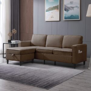 CECER Convertible Sectional Sofa Couch, 3-seat L-Shaped Couch with Storage Ottoman, Couches with Linen Fabric, Chasie Lounge for Small Space-Apartment/Upstairs Loft/Living Room (Coffee)