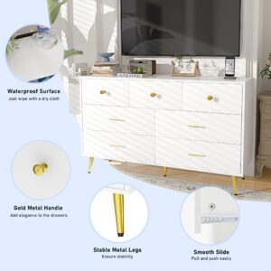 Fushimuma White Dresser for Bedroom, 7 Drawer Dresser with Charging Station, Wood Chest of Drawers with Gold Handles, Modern Dressers & Chests of Drawers for Living Room, Hallway