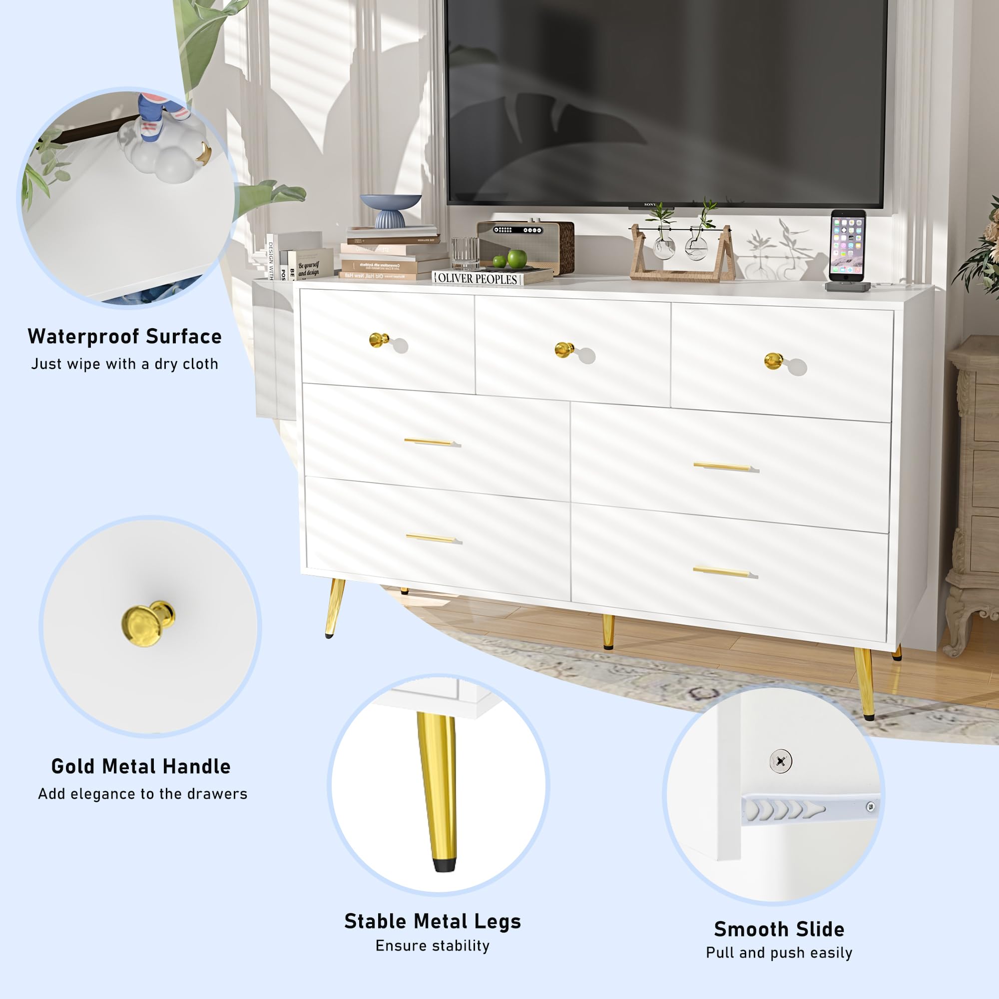 Fushimuma White Dresser for Bedroom, 7 Drawer Dresser with Charging Station, Wood Chest of Drawers with Gold Handles, Modern Dressers & Chests of Drawers for Living Room, Hallway