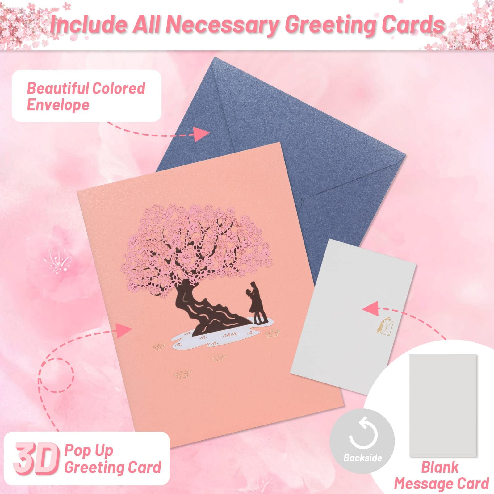 Shynek Cherry Blossom Pop Up Wedding Anniversary Card, 3D Love Card, Valentines Gift for Her, with Envelope and Blank Note