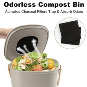 Yatmung Compost Bin, Countertop Compost Bin with Lid, Odorless Indoor Compost Bucket Made of Bamboo Fiber, Includes Charcoal Filter, Grey