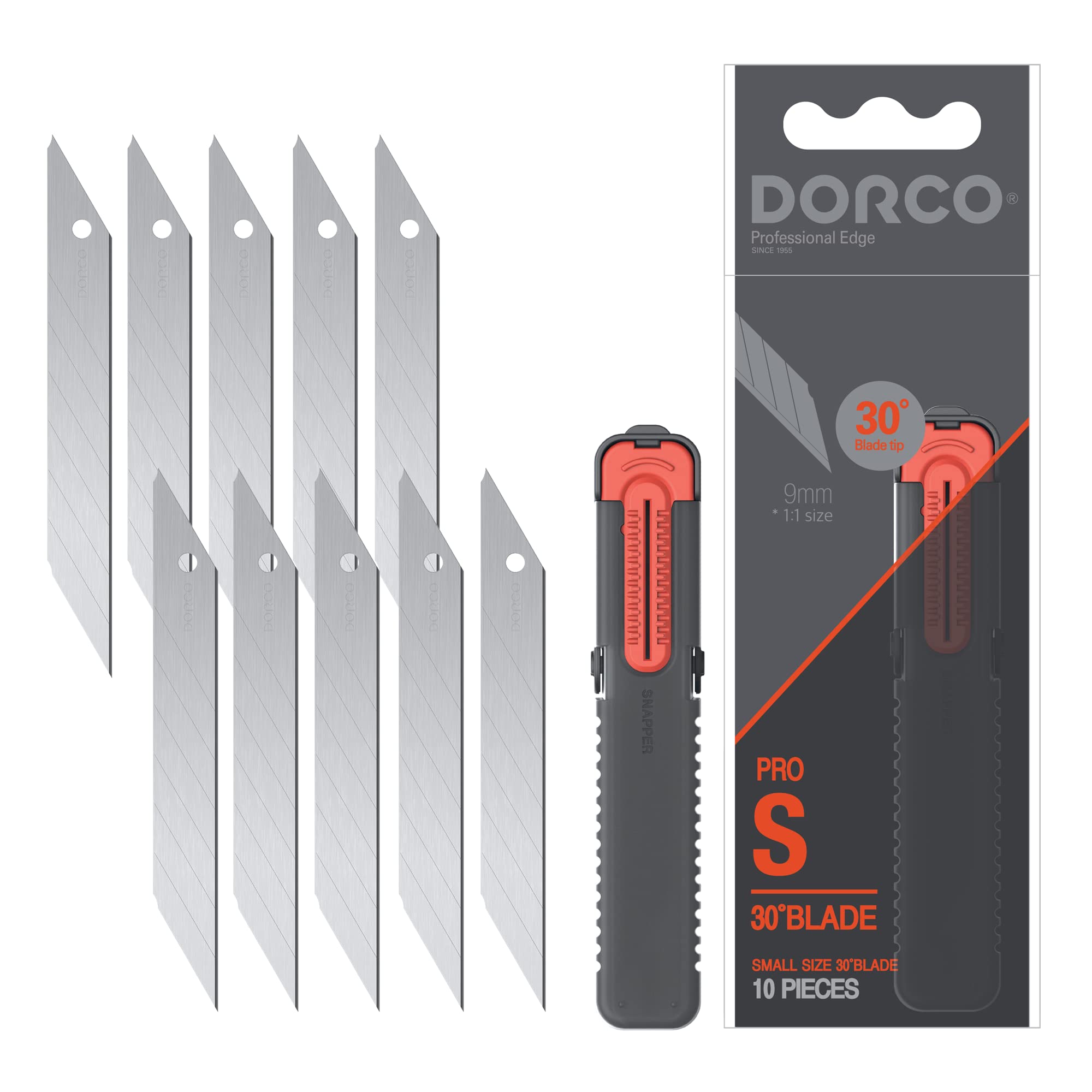 DORCO Professional Quality Utility Box Cutter Knife Storage Case w/Tip Snapper - Included 10 Small 30° Tip Carbon Steel Blades, 9mm