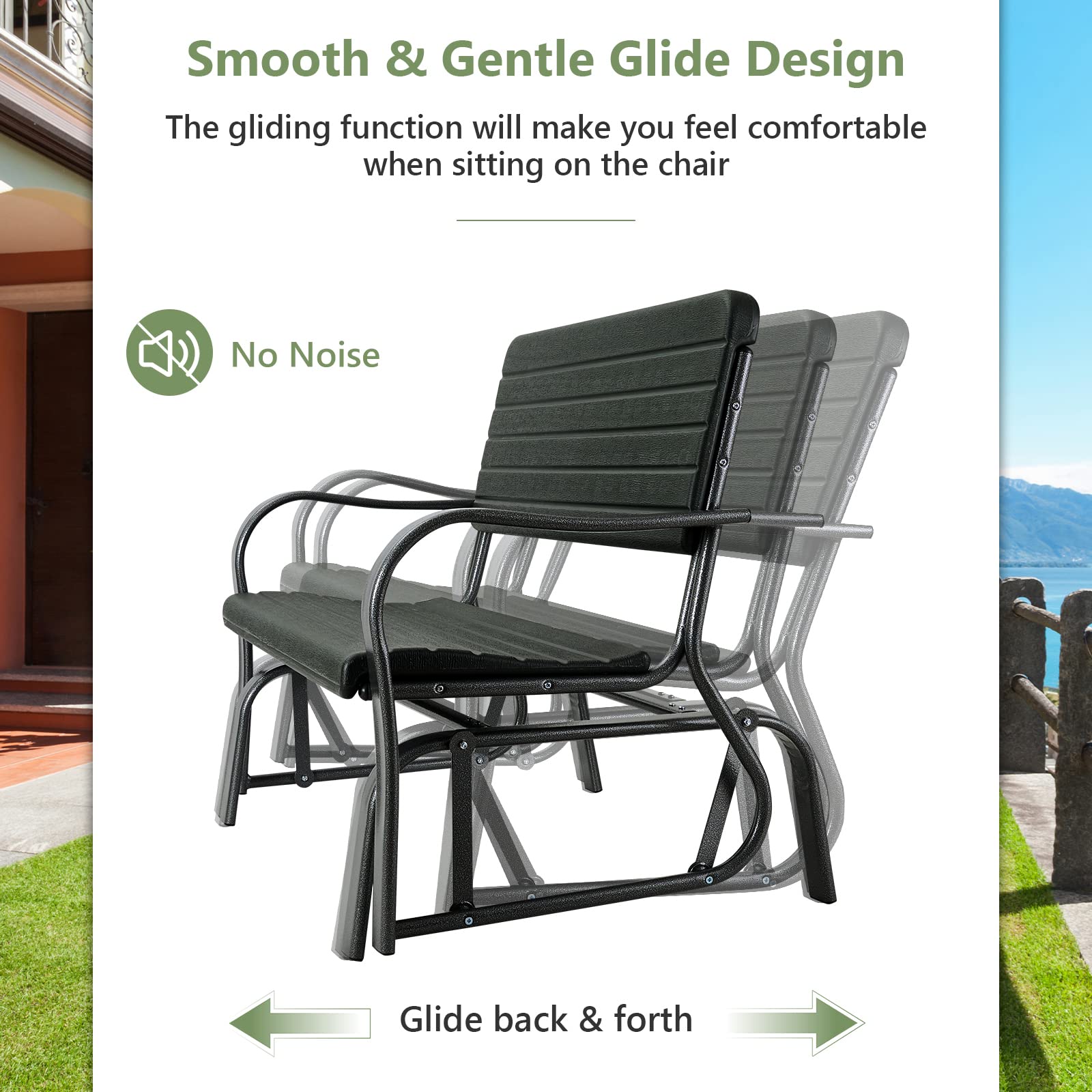 Tangkula Outdoor Glider Bench, Porch Glider Loveseat Swing Bench with w/Steel Frame, 2-Seat Rocking Chair for Porch, Garden, Backyard, Lawn (Dark Green)