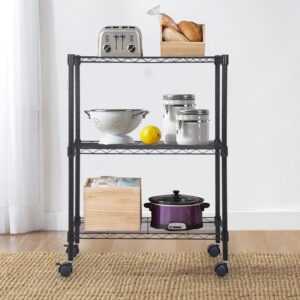 FDW Wire Shelving Metal Storage Shelves 23L x 13W x 32H 3 Tier Layer Storage Shelves with Wheels for Kitchen Garage Small Places,Black