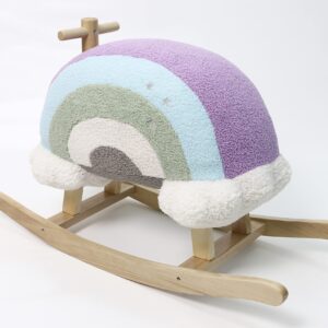 Hopscotch Squad Rainbow Rocker Fully Assembled Natural Wood Rocking Horse with Soft Fleece Multi-Color Puffy Plush Clouds