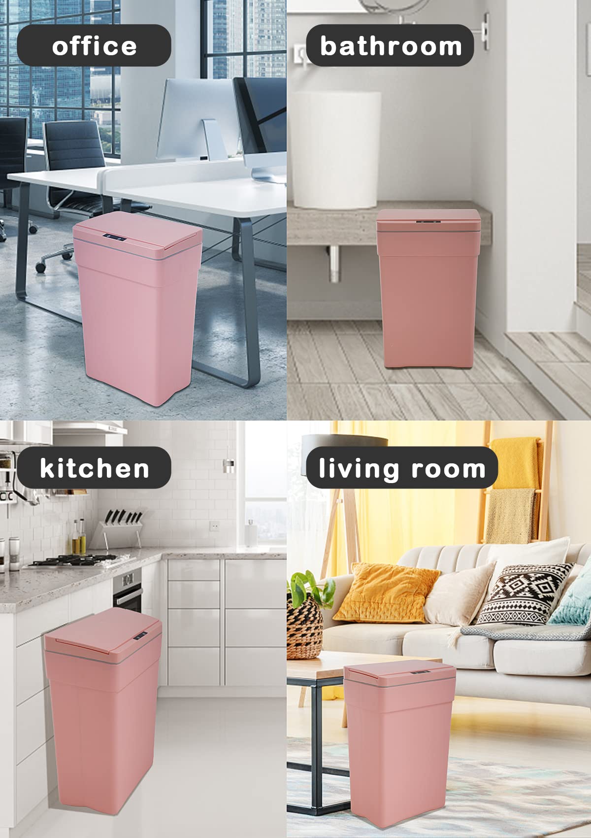 Trash Can 13 Gallon Plastic Automatic Trash Can with Lid for Bedroom Bathroom Home Office Garbage Can Trash Bin Touchless Trash Can Sensor Trash Can Electric Trash Can 50 Liter，Pink