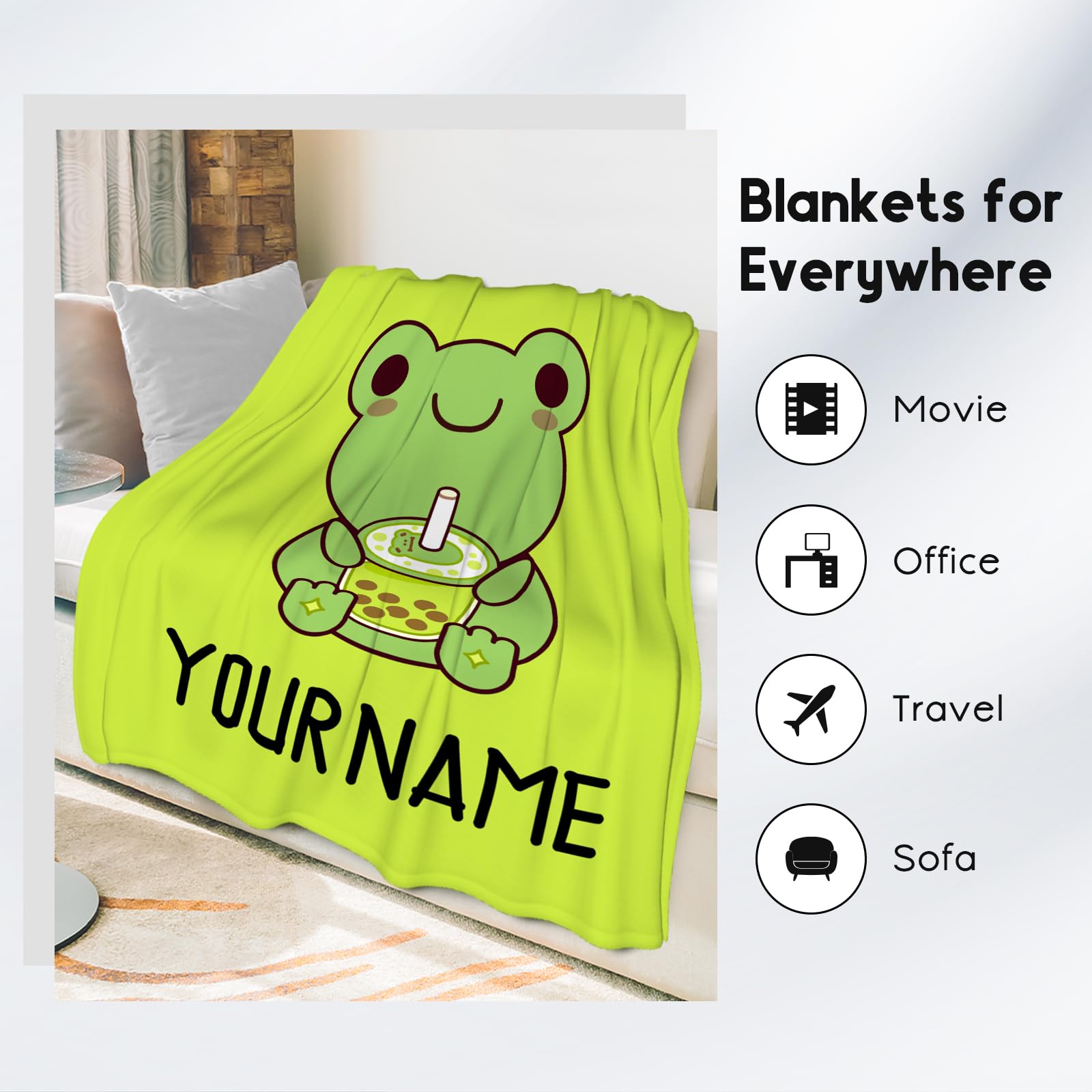 Personalized Frog Blanket Gifts, Frog Gifts for Girls Women Mom, Custom Gifts for Her & Daughter, Kids Throw Blanket for Boys, 60"x80" Cute Soft Plush Blankets for Bed Living Room