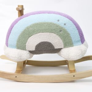 Hopscotch Squad Rainbow Rocker Fully Assembled Natural Wood Rocking Horse with Soft Fleece Multi-Color Puffy Plush Clouds