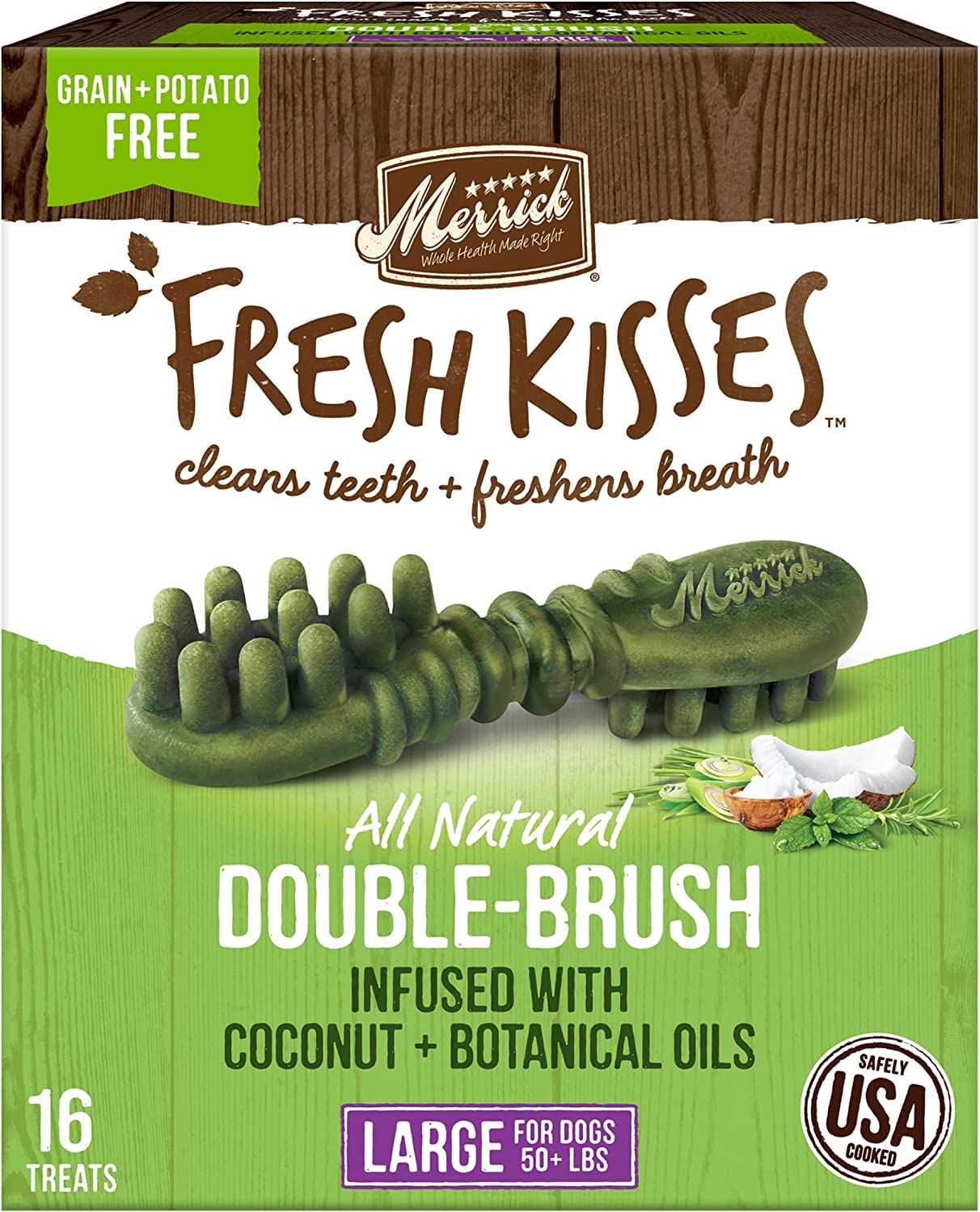 Aurora Pet Variety Pack (2) Merrick Fresh Kisses Double-Brush Large Dental Dog Treats (1) Coconut + Botanical Oils (1) Mint-Flavored Breath Strips with AuroraPet Wipes