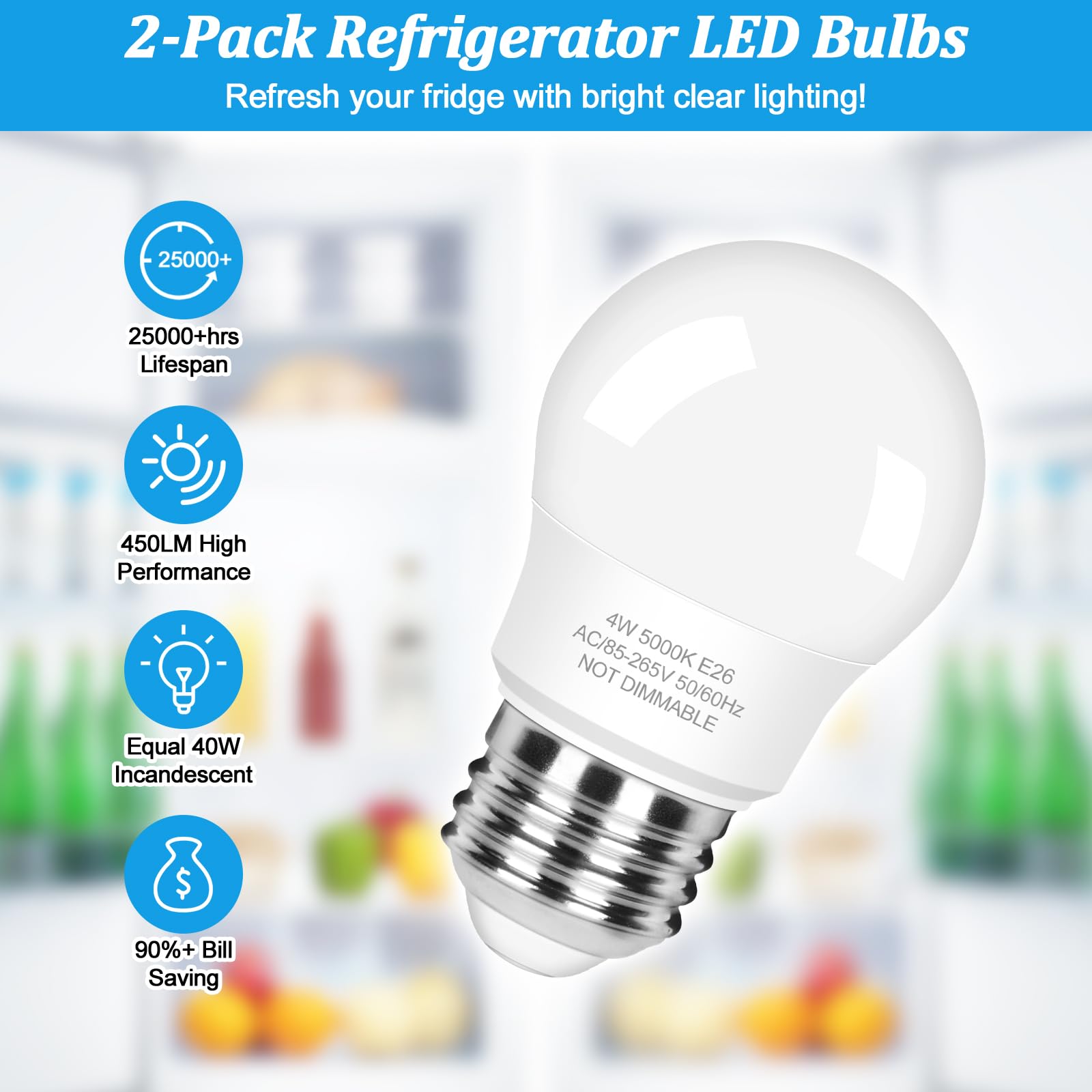 LED Refrigerator Light Bulb 40 Watt Equivalent, 120V Fridge Appliance Light Bulb 4W Daylight White 5000K, Waterproof A15 Fridge Light Bulbs 450LM, E26 Freezer Light Bulbs Non-dimmable, 2Packs