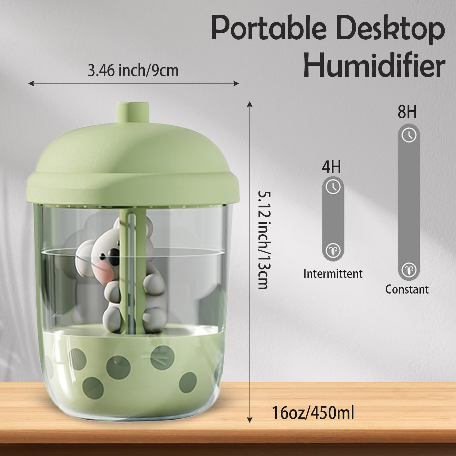 450ml Portable Humidifier, Mini Cool Mist Humidifier with Koala-Theme, USB Personal Humidifier Auto Shut-Off, Ultra-Quiet (Green)