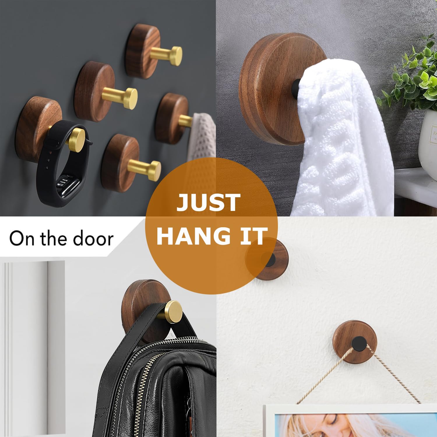 FunViet Adhesive Wooden Wall Hooks for Hanging,3-Pack Modern Coat Hooks,Farmhouse Natural Dark Walnut Wood Hooks for Hanging Hats Towels Robe Clothes Keys Bags...