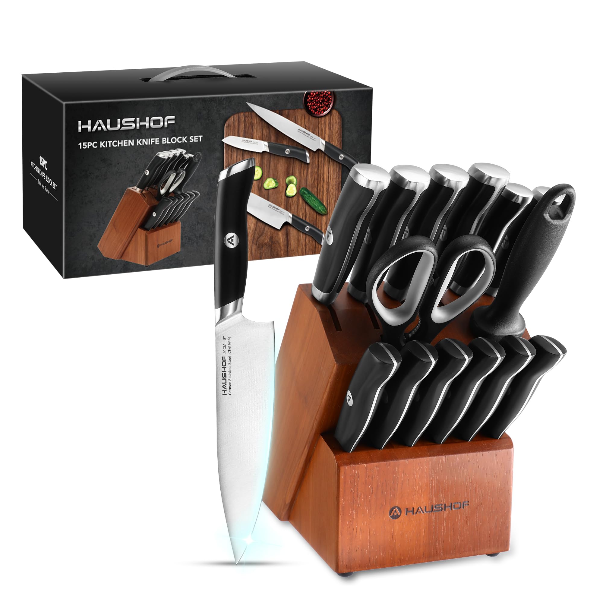 HAUSHOF Kitchen Knife Set with Block, 15 Pieces Stainless Steel Knife Sets with Sharpener Rod, Ultra Sharp, Ergonomic Handle, Resists Rusting, Gifts Knife Set for Dad, Mom, Husband and Wife