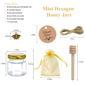 IIKUM 20 Pack 1.5 oz Hexagon Mini Glass Honey Jars with Wooden Dippers, Gold Lids, Bee Pendants, Golden Gift Bags, Thank You Cards, Jutes - Perfect for Baby Shower, Wedding Favors and Party Favors