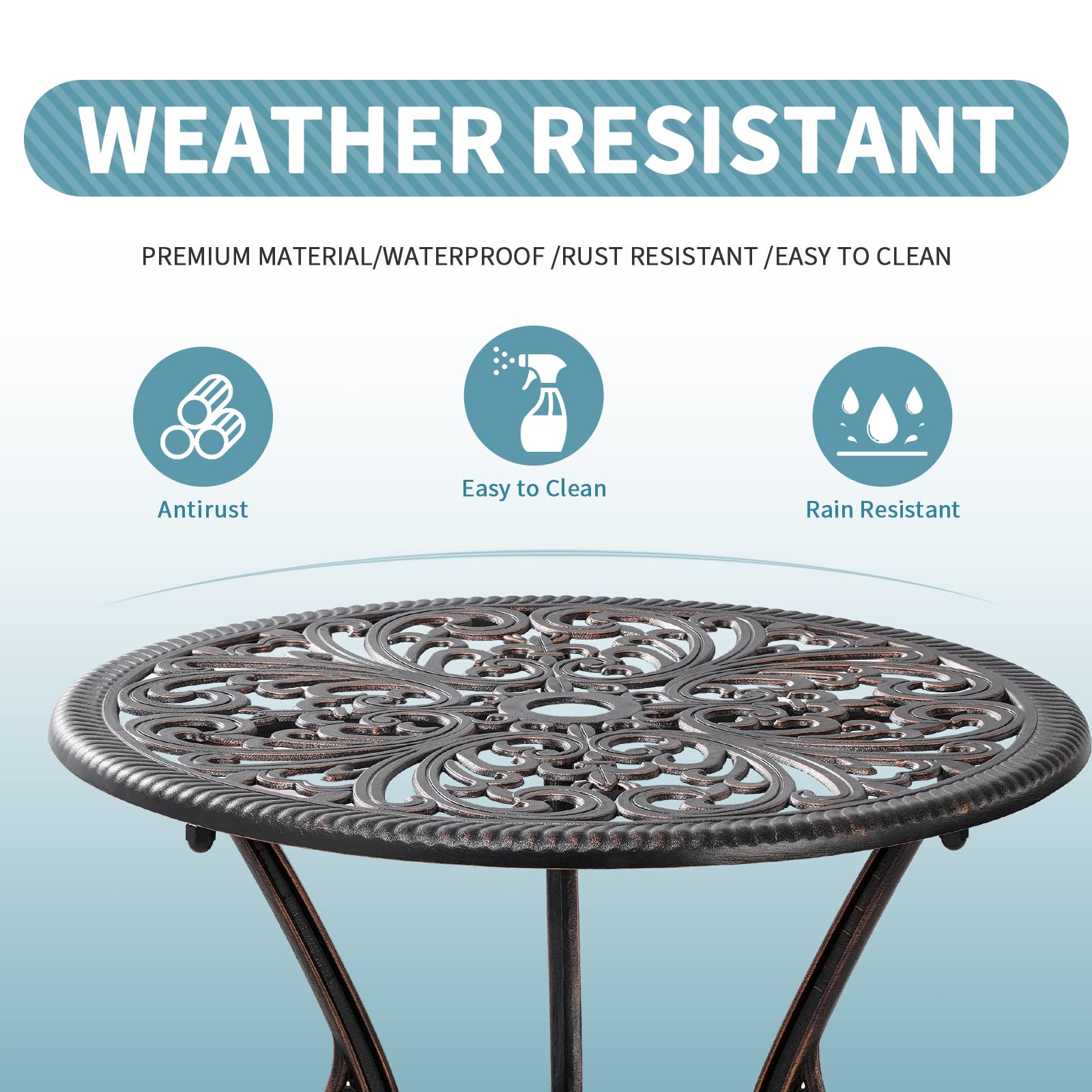 Withniture Outdoor Bistro Table and Chairs Set of 2 Cast Aluminum Patio Bistro Set with Umbrella Hole, All Weather Bistro Table Set for Garden, Suitable for All People, Bronze