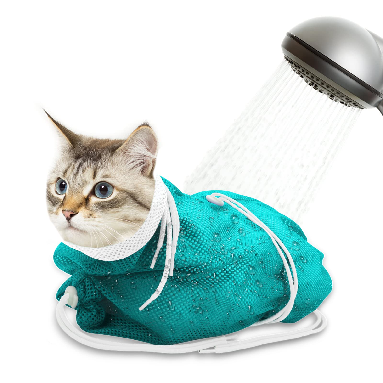 Catcan Cat Bathing Bag, Breathable Mesh Cat Shower Bag Anti Scratch Adjustable Cat Grooming Bag for Nail Trimming, Bathing Polyester Soft Cat Washing Bag (White-Green)