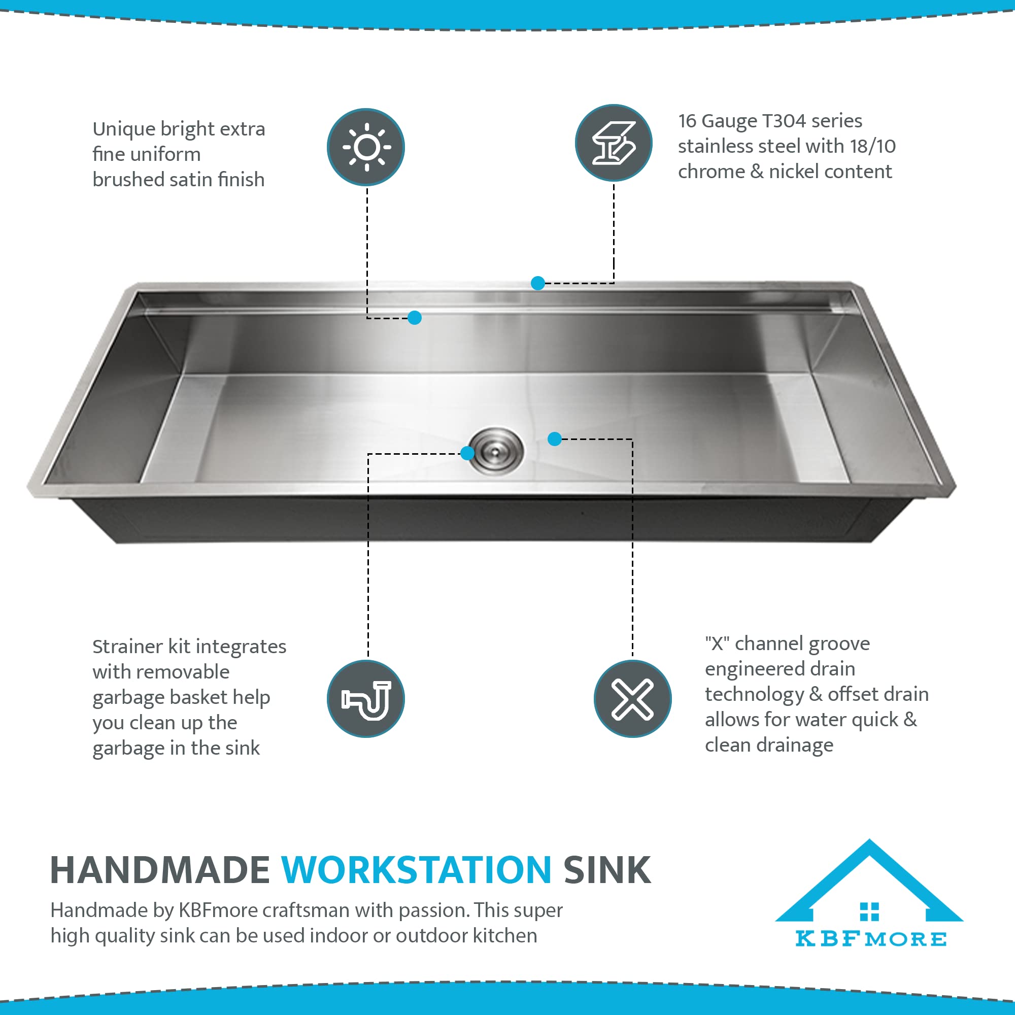 KBFmore 58 Inch Stainless Steel Undermount Workstation Kitchen Sink with Rolling Up Grid, Bottom Grid, Strainer Kit, Colander, Two Colander, and Two Bamboo Cutting Board