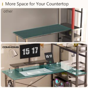 COMHOMA Gaming L Shaped Computer Desk, 55" Home Office Desk with Shelves, L Shape Computer Corner Desk with Charging Port, Gaming Table Power Outlet Build in, LED Writing Desk with Monitor Stand Black