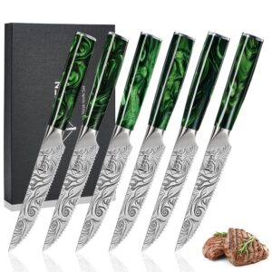 senken professional steak knife set with beautiful engraved pattern - wasabi collection - razor sharp serrated high carbon steel & emerald green resin handle (6 piece steak knife set)