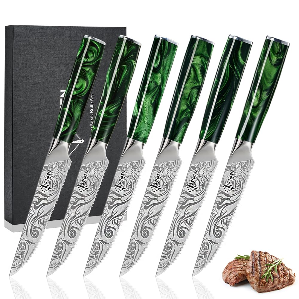 SENKEN Professional Steak Knife Set with Beautiful Engraved Pattern - Wasabi Collection - Razor Sharp Serrated High Carbon Steel & Emerald Green Resin Handle (6 Piece Steak Knife Set)