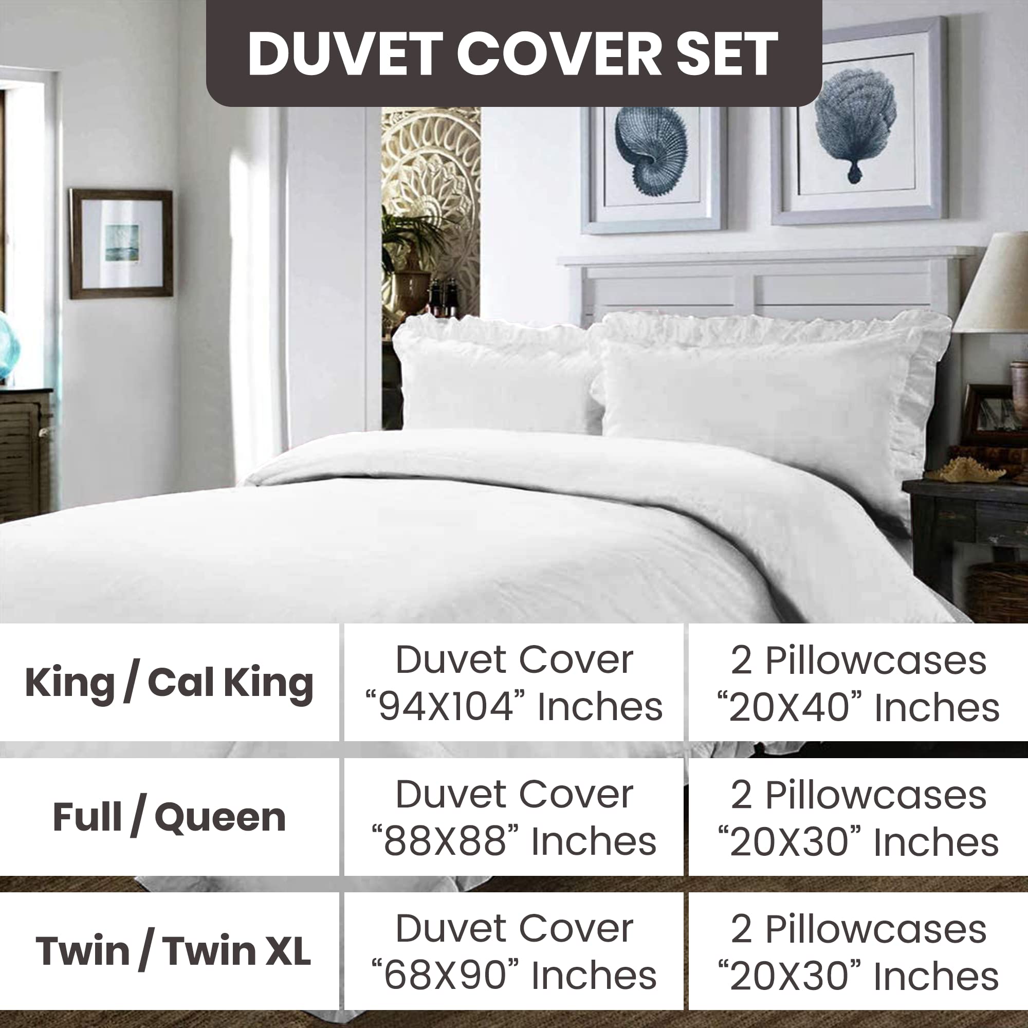 HOME BEDDING COLLECTION Ruffle Modern Duvet Cover Set 3 Piece with Corner Ties 100% Cotton 600 Thread Count 1 Duvet Cover (68x90 inches) 2 Pillow Shams (20x30 inches) Twin XL Size/White