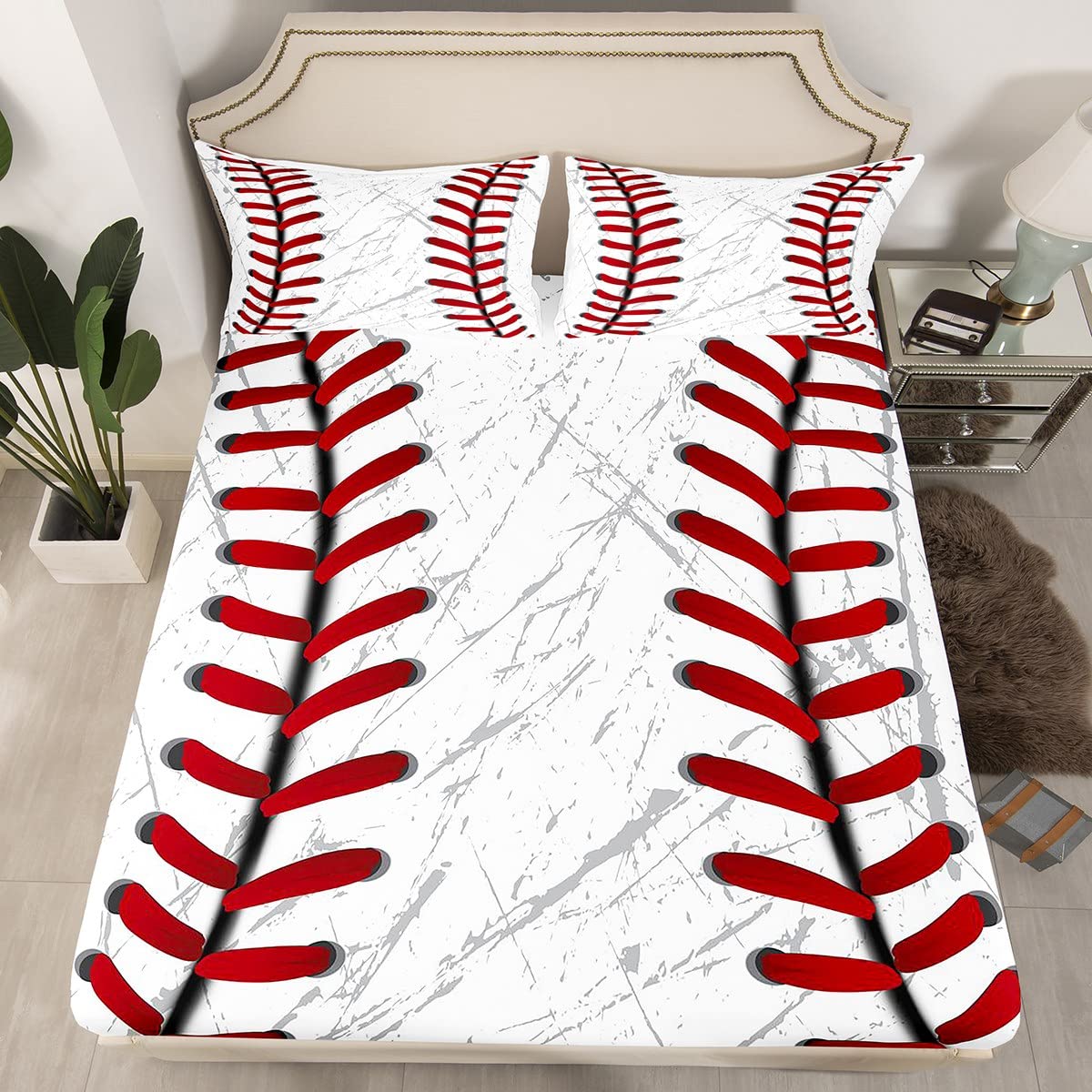 Erosebridal Baseball Bed Sheets for Boys,Red White Baseball Sheet Set for Kids,Grunge Ball Print Bedding Set,Sports Game Fitted Sheet + Top Sheet Soft + 2 Pillowcases Wrinkle Free,Full Size