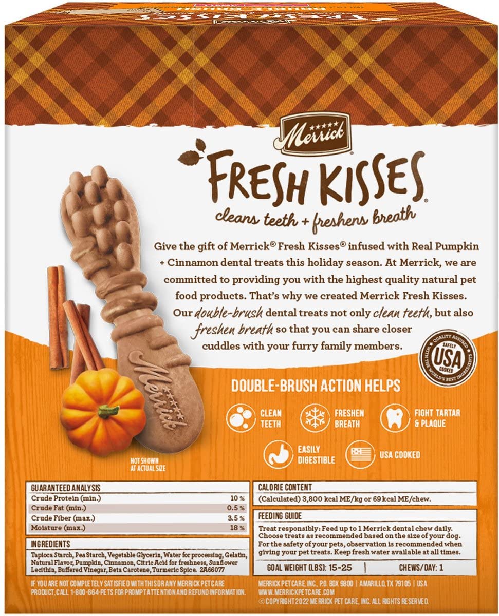 Aurora Pet Bundle Pack (2) Merrick Fresh Kisses Real Pumpkin & Cinnamon Flavor Small Breed Dog Dental Treats Grooming Wipes