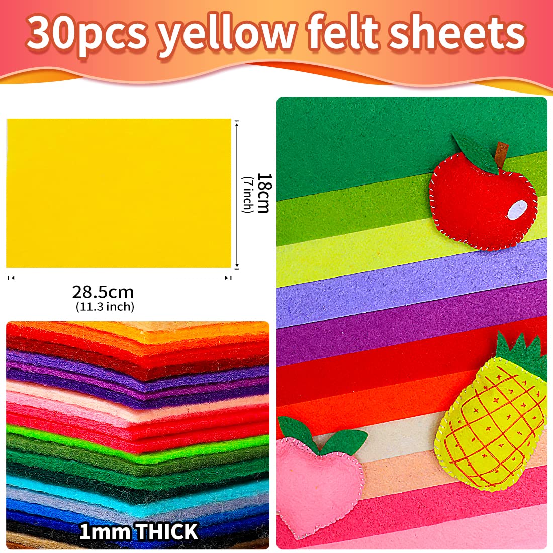 IOOLEEM Yellow Felt Sheets, 30pcs 7"x11.3"（Close to A4 Size - 18x28.5 cm Pre-Cut Felt Sheet for Crafts, Craft Felt Fabric Sheets, Sewing Felt Rectangle for Patchwork.