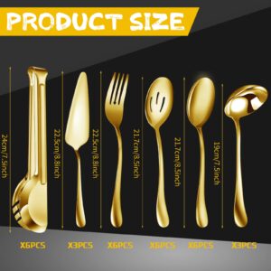 30 Pcs Stainless Steel Serving Utensils Set Serving Flatware Set Include Large Serving Spoons Slotted Spoons Serving Forks Soup Ladle Pie Server and Serving Tongs for Buffet Party (Gold)