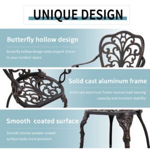 Withniture Outdoor Bistro Table and Chairs Set of 2 Cast Aluminum Patio Bistro Set with Umbrella Hole, All Weather Bistro Table Set for Garden, Suitable for All People, Bronze